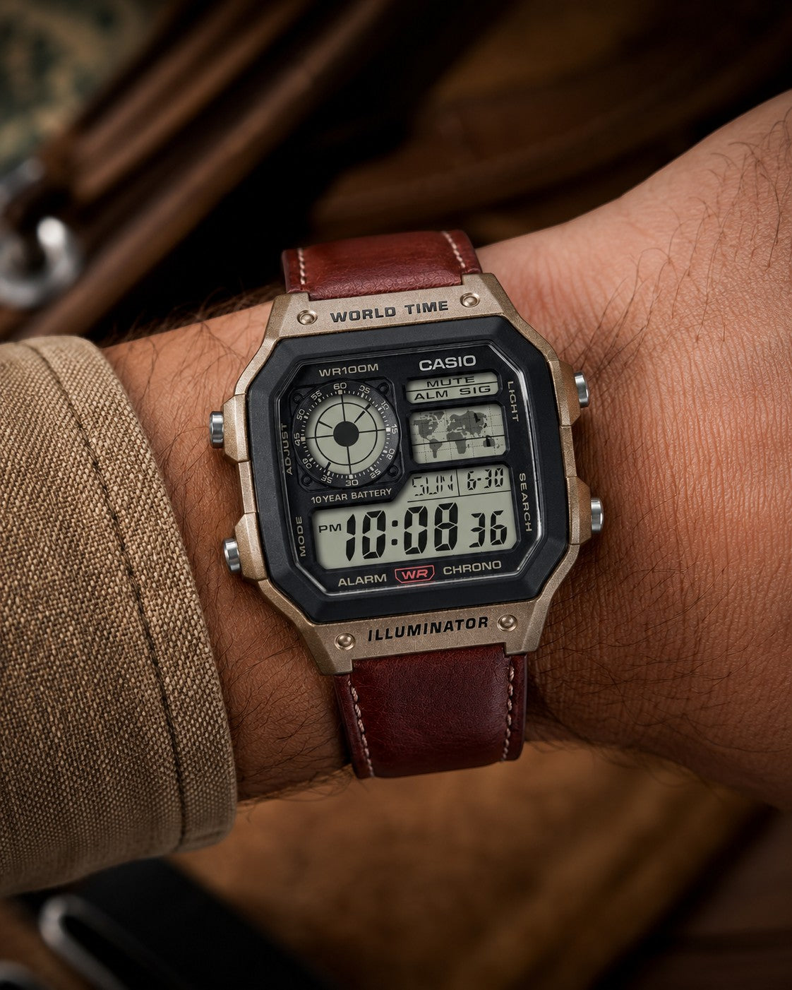 Casio AE-1200WHL-5AVDF World Time Digital Quartz Brown Leather Strap Watch (Casio Royale)