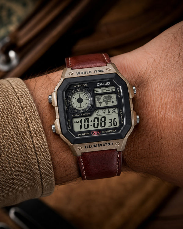 Casio AE-1200WHL-5AVDF World Time Digital Quartz Brown Leather Strap Watch (Casio Royale)