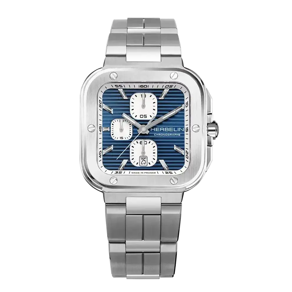 Michel Herbelin Cap Camarat 35646B25 chronograph watch with blue ribbed dial and stainless steel bracelet