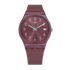Swatch Redbaya GR405 red quartz watch with burgundy silicone strap and sunburst dial