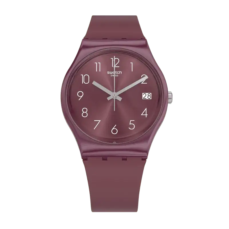 Swatch Redbaya GR405 red quartz watch with burgundy silicone strap and sunburst dial