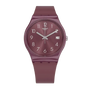 Swatch Redbaya GR405 red quartz watch with burgundy silicone strap and sunburst dial
