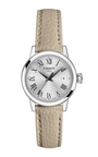 Tissot Classic Dream T129.210.11.013.00 ladies quartz watch with 28mm stainless steel case, silver Roman numeral dial, date window, and beige leather strap