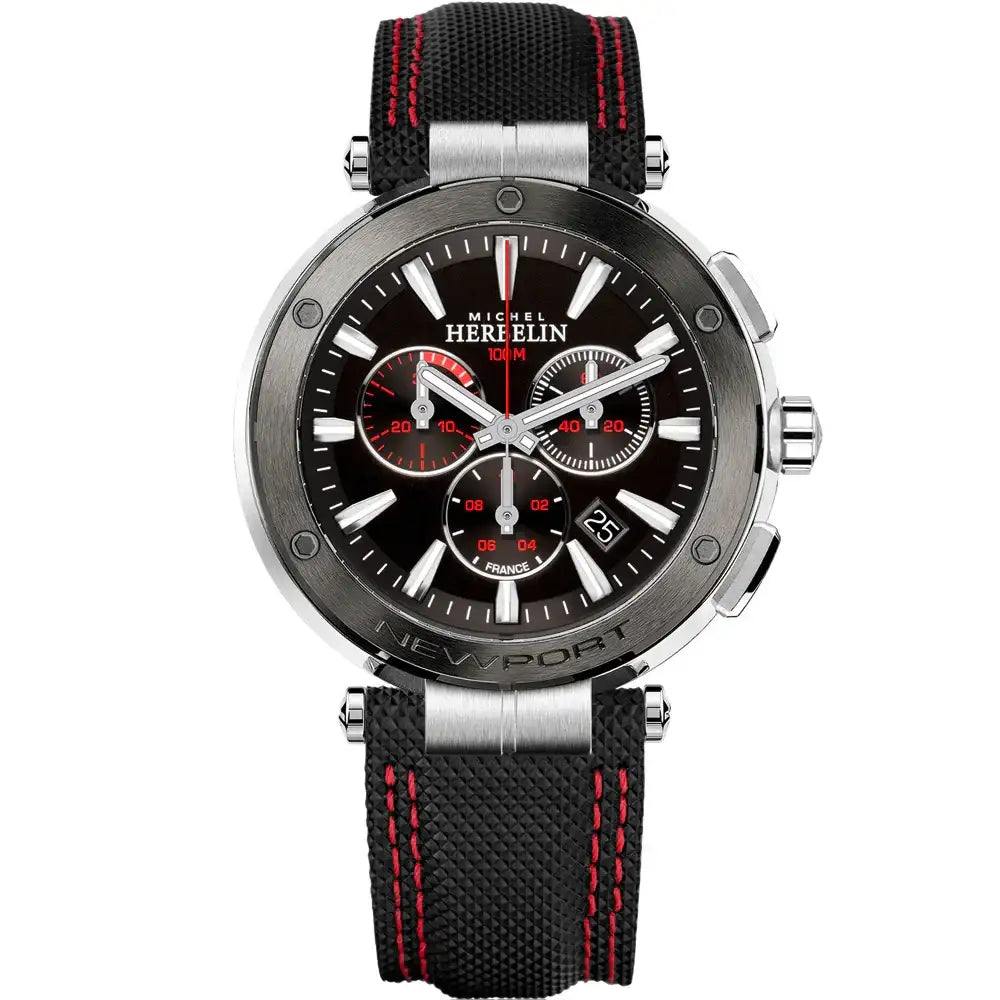 Michel Herbelin Newport Chronograph 37688/AG44 stainless steel watch with black dial, red accents, and textile strap