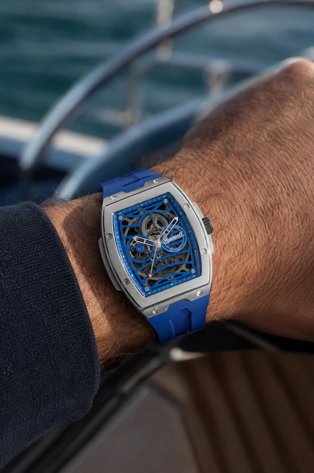 Ingersoll The Challenger Automatic Skeleton Blue Dial Tonneau Stainless Steel Watch (I12308)