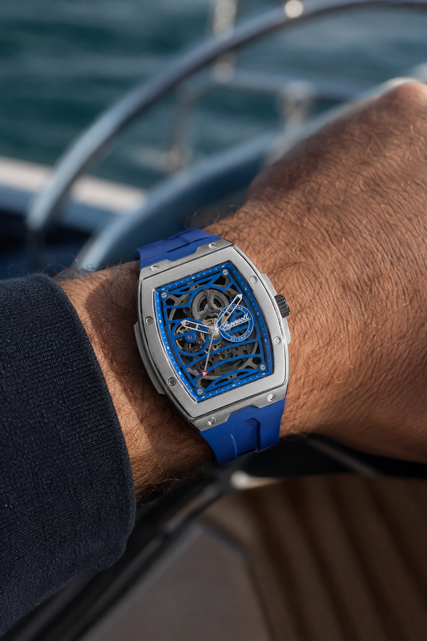 Ingersoll The Challenger Automatic Skeleton Blue Dial Tonneau Stainless Steel Watch (I12308)