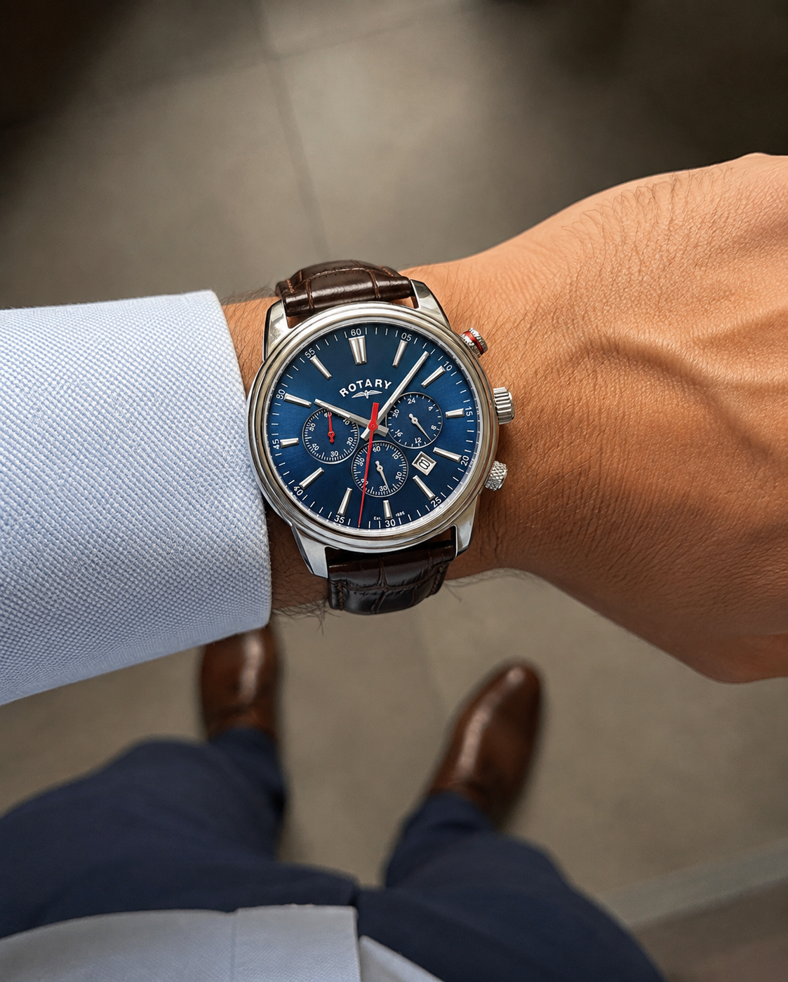 Rotary Henley Quartz Chronograph Blue Dial Brown Leather Watch (GS05083/05BRN)