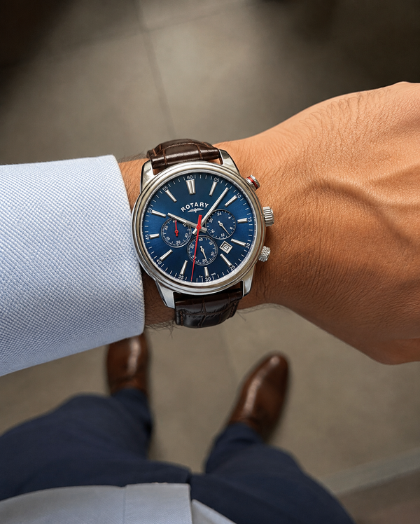 Rotary Henley Quartz Chronograph Blue Dial Brown Leather Watch (GS05083/05BRN)