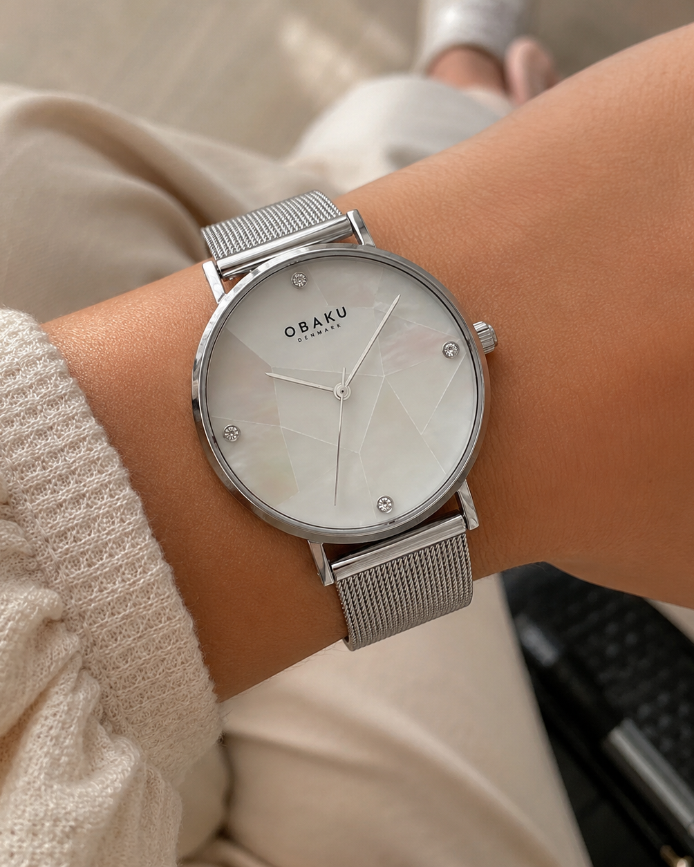 Obaku Mosaik Quartz White Mother of Pearl Dial Stainless Steel Mesh Watch (V268LXCWMC)