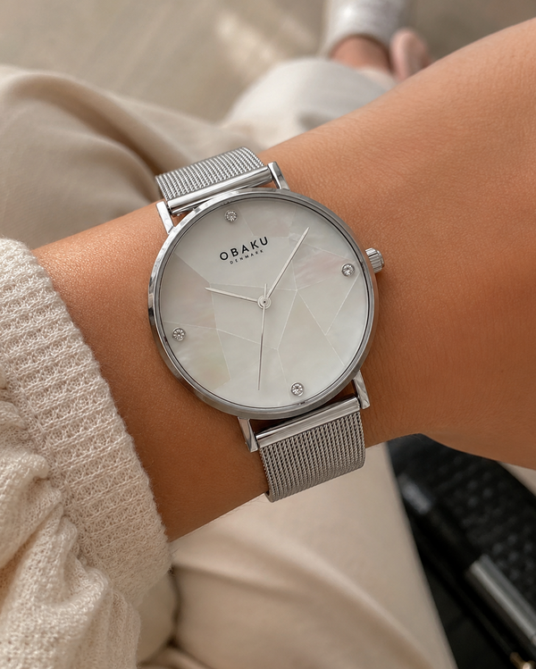 Obaku Mosaik Quartz White Mother of Pearl Dial Stainless Steel Mesh Watch (V268LXCWMC)