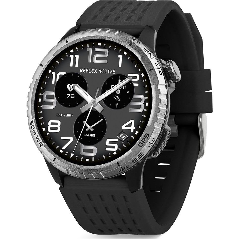 Reflex Active Sea Venture 400R AMOLED GPS smartwatch with black dial, grey silicone strap, and stainless steel bezel, featuring heart rate and dual-time sub-dials
