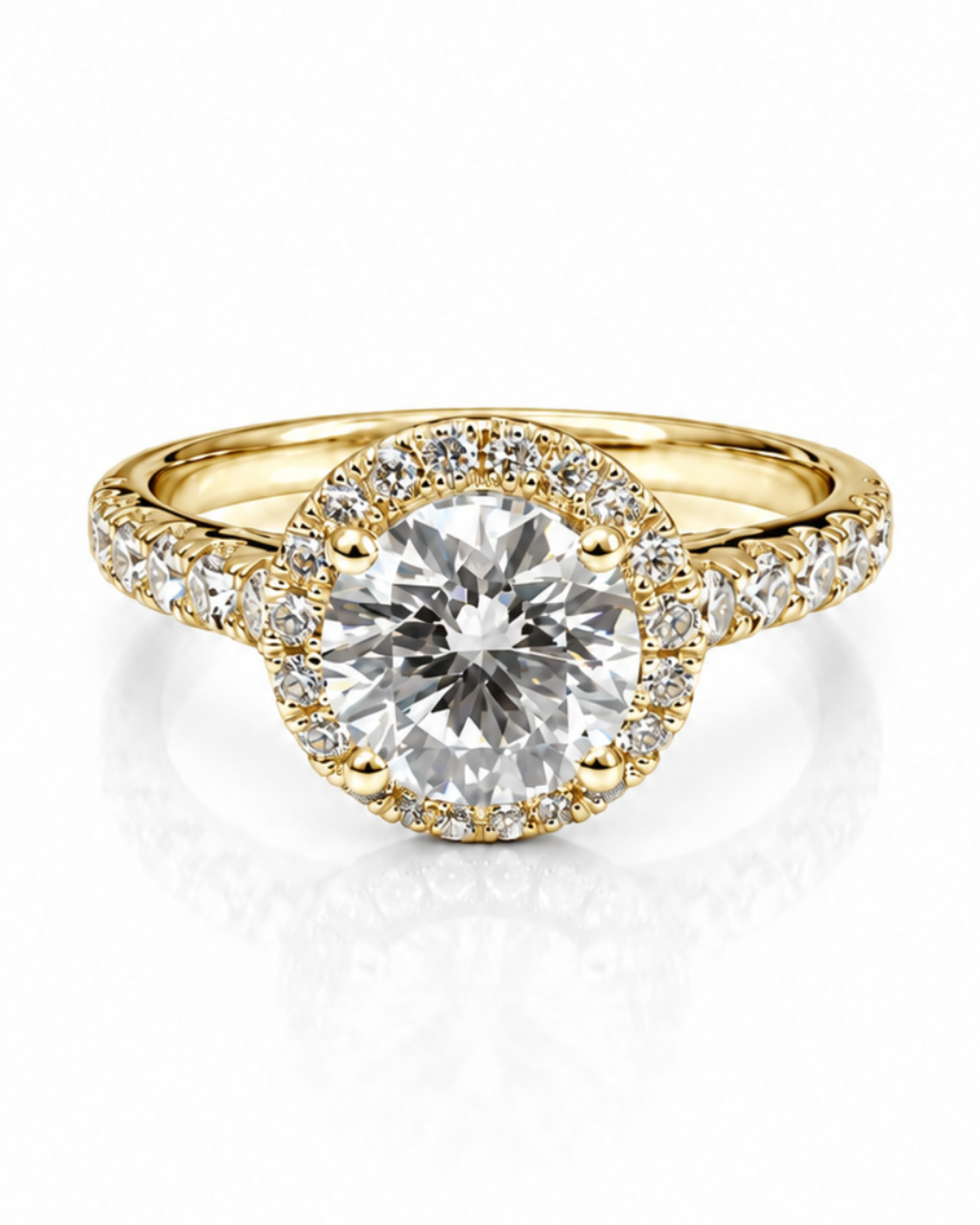 9ct yellow gold engagement ring with 1.5ct round brilliant lab grown diamond in halo setting with pavé band