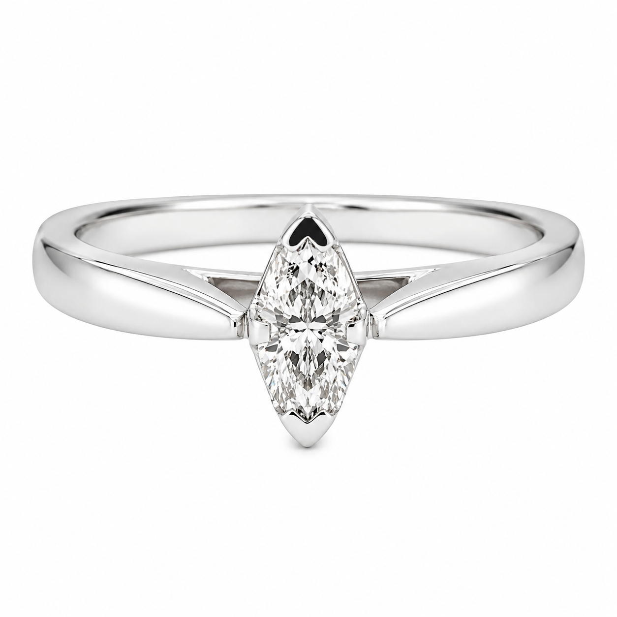 9ct white gold marquise cut diamond solitaire engagement ring on white background
