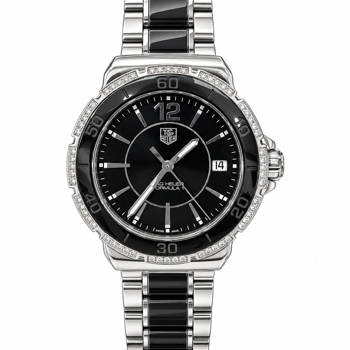 TAG Heuer Formula 1 ladies quartz watch with 37mm stainless steel and black ceramic case, black dial, diamond-set rotating bezel, and matching two-tone bracelet