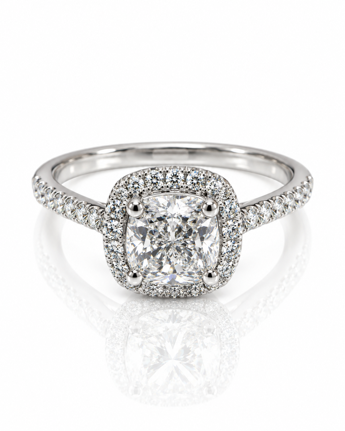 9ct white gold engagement ring with 1.5ct cushion cut lab grown diamond in halo setting with pavé diamond shoulders from Cassims & Co.