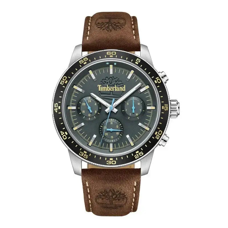 Timberland Parkman TDWGF0041301 quartz chronograph watch with green sunray dial, stainless steel case, and brown leather strap