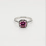 Sterling silver 1ct pink cushion cut moissanite halo engagement ring with pavé band by Cassim & Co. Johannesburg