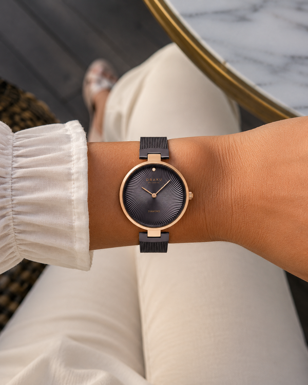 Obaku Diamant Quartz Brown Sunray Dial Rose Gold Mesh Bracelet Ladies Watch (V256LXVNMN)
