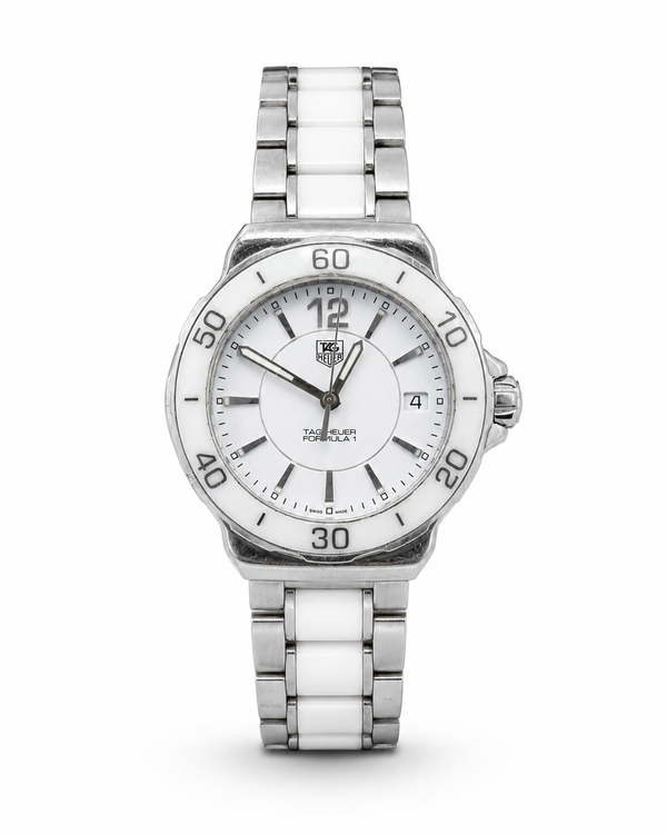 Pre-owned TAG Heuer Formula 1 ladies quartz watch with 34mm stainless steel case, white dial, ceramic and steel bracelet, and rotating bezel