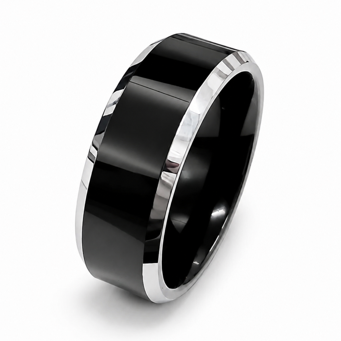 Black Tungsten Ring with Silver Bevelled Edge (TU19O)