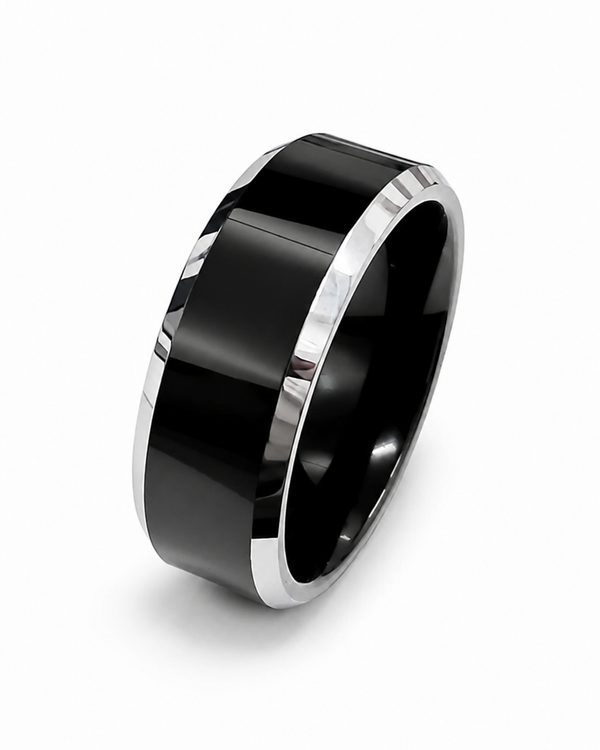 Black Tungsten Ring with Silver Bevelled Edge (TU19O)