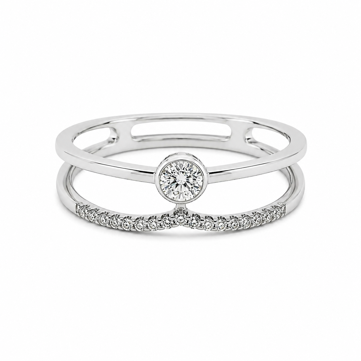 9ct white gold double band engagement ring with bezel-set round diamond and pavé diamond accent band