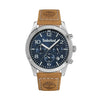 Timberland Killington Peak chronograph watch with blue textured dial, stainless steel case, and tan leather strap on white background