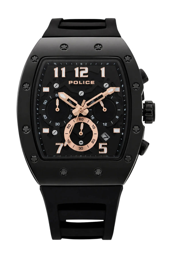 Police Chronograph Quartz Black Dial Tonneau Case Silicone Strap Watch (PEWGQ2240102)