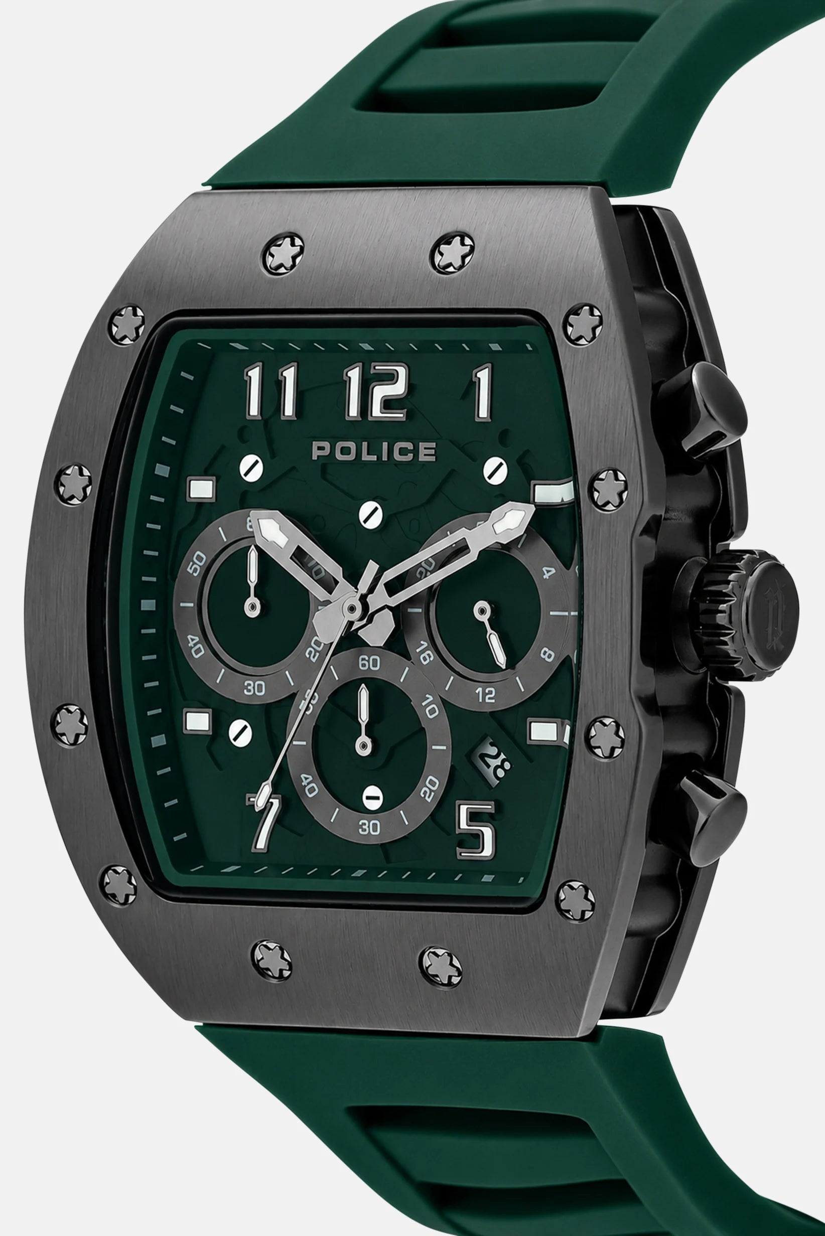 Police Chronograph Tonneau Green Dial Gunmetal Rubber Watch (PEWGQ2240103)