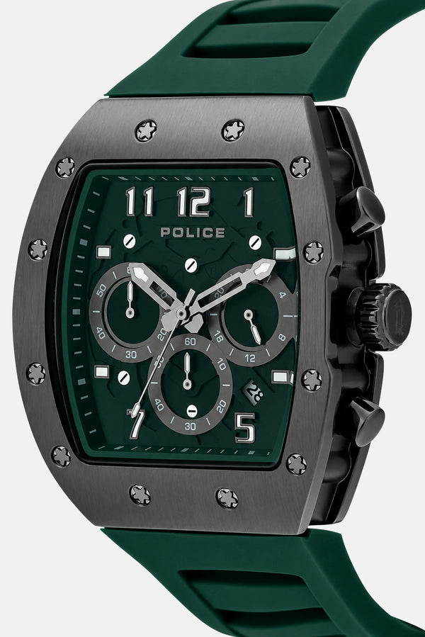 Police Chronograph Tonneau Green Dial Gunmetal Rubber Watch (PEWGQ2240103)