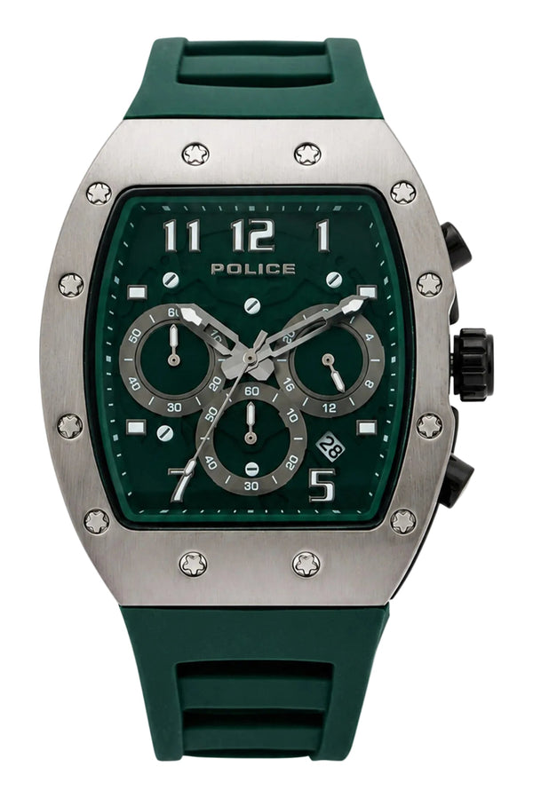 Police Chronograph Tonneau Green Dial Gunmetal Rubber Watch (PEWGQ2240103)