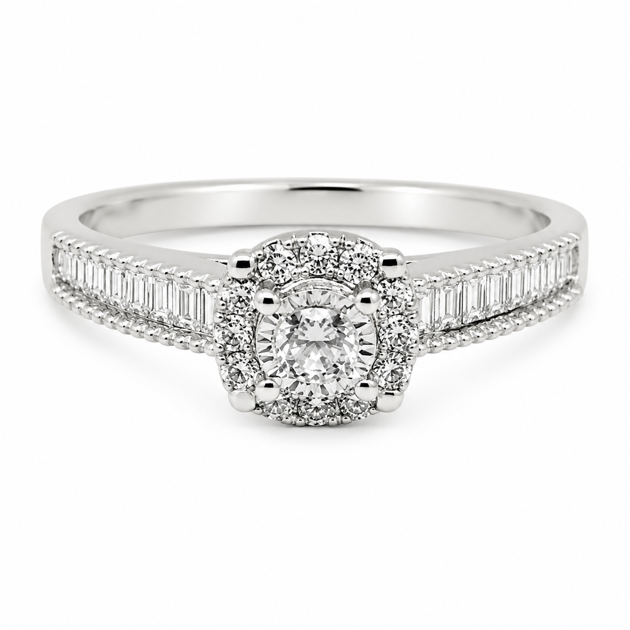 9ct White Gold Baguette Side Diamond Ring 1102146