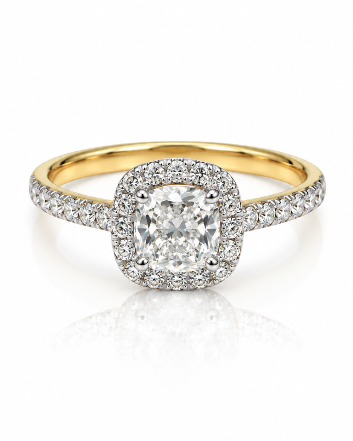 9ct yellow gold engagement ring with 1.50ct cushion cut lab grown diamond halo and pavé band, Cassims & Co.