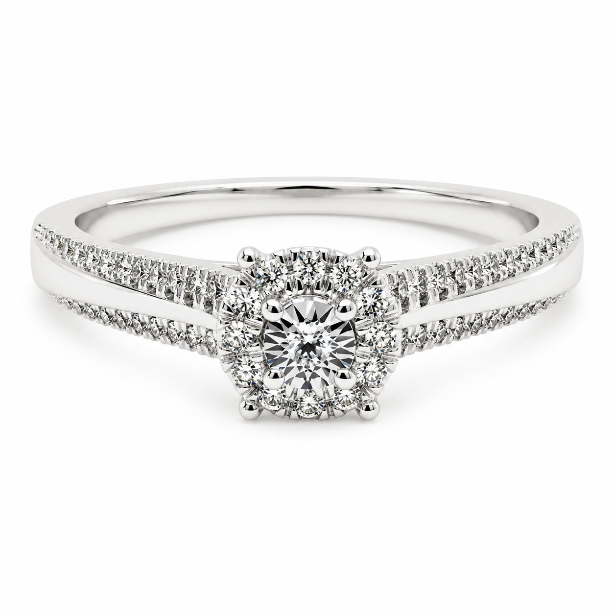 9ct white gold round cluster diamond engagement ring with halo setting and pavé split shank shoulders