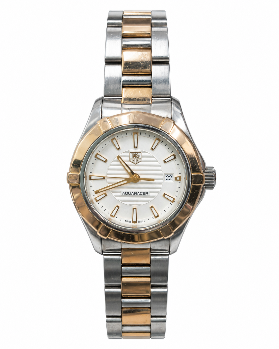 Pre-owned TAG Heuer Aquaracer WAP1450 ladies quartz watch with 27mm round stainless steel case, 18K rose gold bezel, silver guilloché dial with date window, and two-tone stainless steel and rose gold bracelet