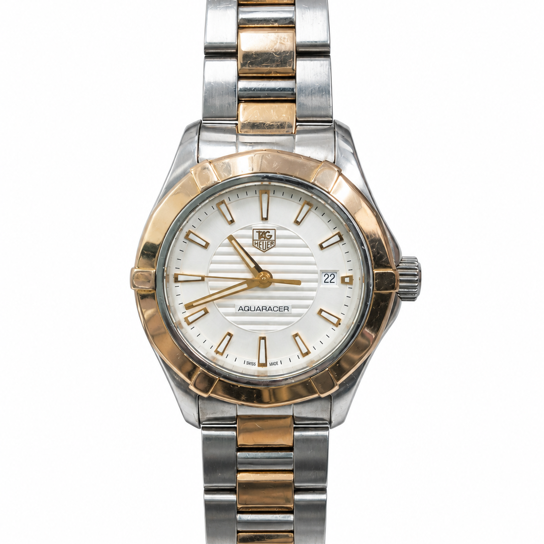 TAG Heuer Aquaracer 27mm silver guilloché dial with rose gold bezel and markers