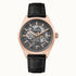 Ingersoll The Shelby I12002 automatic skeleton dial watch with rose gold PVD case and black embossed leather strap displaying visible mechanical movement