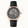 Ingersoll The Shelby I12002 automatic skeleton dial watch with rose gold PVD case and black embossed leather strap displaying visible mechanical movement