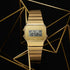 Alarm Chronograph print and WR marking on the gold digital face