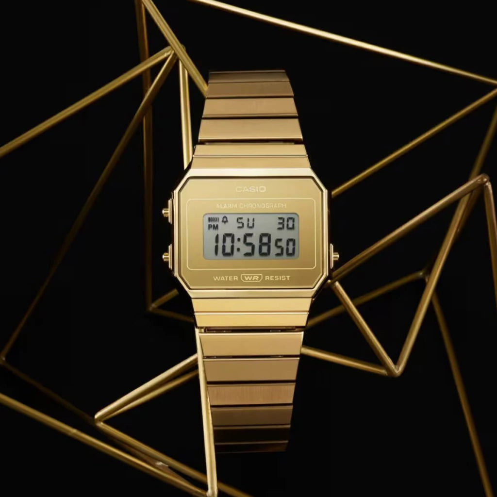 Alarm Chronograph print and WR marking on the gold digital face