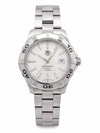 Pre-owned TAG Heuer Aquaracer Calibre 5 automatic dive watch with white textured dial and stainless steel bracelet on white background