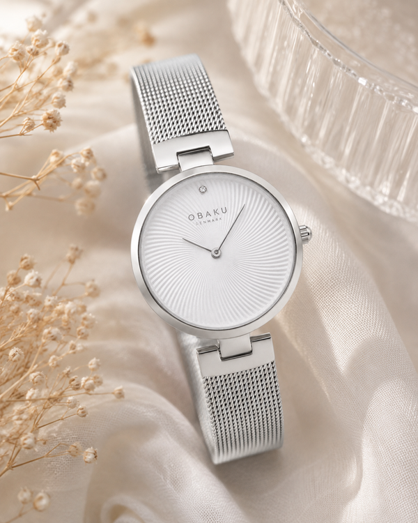 Obaku Diamant Quartz White Dial Stainless Steel Mesh Watch 32mm (V256LXCIMC)