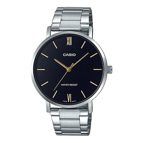 Casio MTP-VT01D-1B men's quartz watch with black dial, gold Roman numerals, and stainless steel bracelet