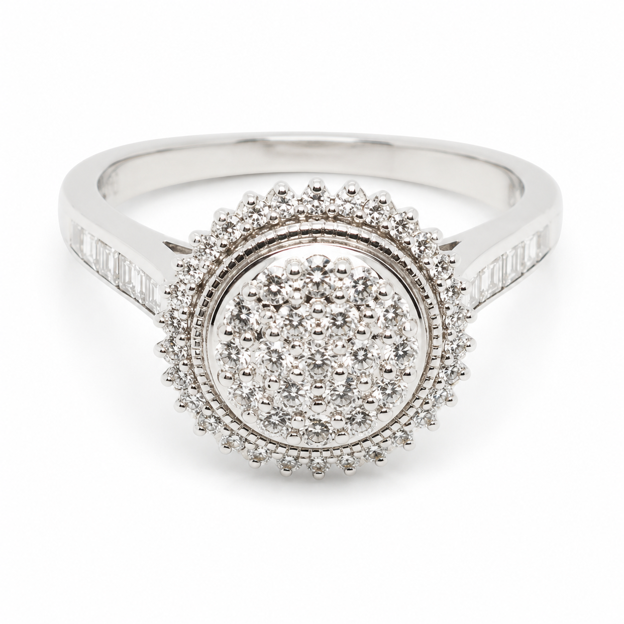 9ct white gold diamond cluster halo engagement ring with round brilliant and baguette-cut diamonds by Cassim & Co Johannesburg
