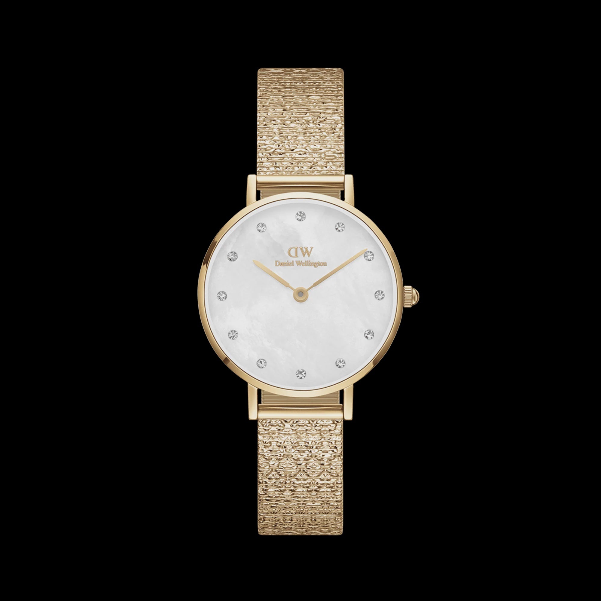 Daniel Wellington DW00100594 ladies watch with round gold-tone case, white crystal dial, and textured gold mesh bracelet