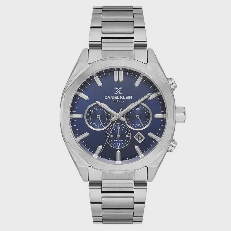 Daniel Klein Exclusive quartz chronograph with blue dial, applied indices, three subdials and steel bracelet