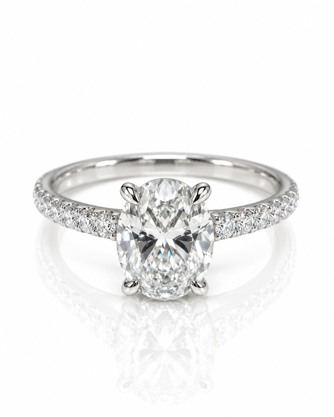 9ct white gold engagement ring with 1.30ct oval lab grown diamond and pavé diamond shoulders from Cassims & Co.