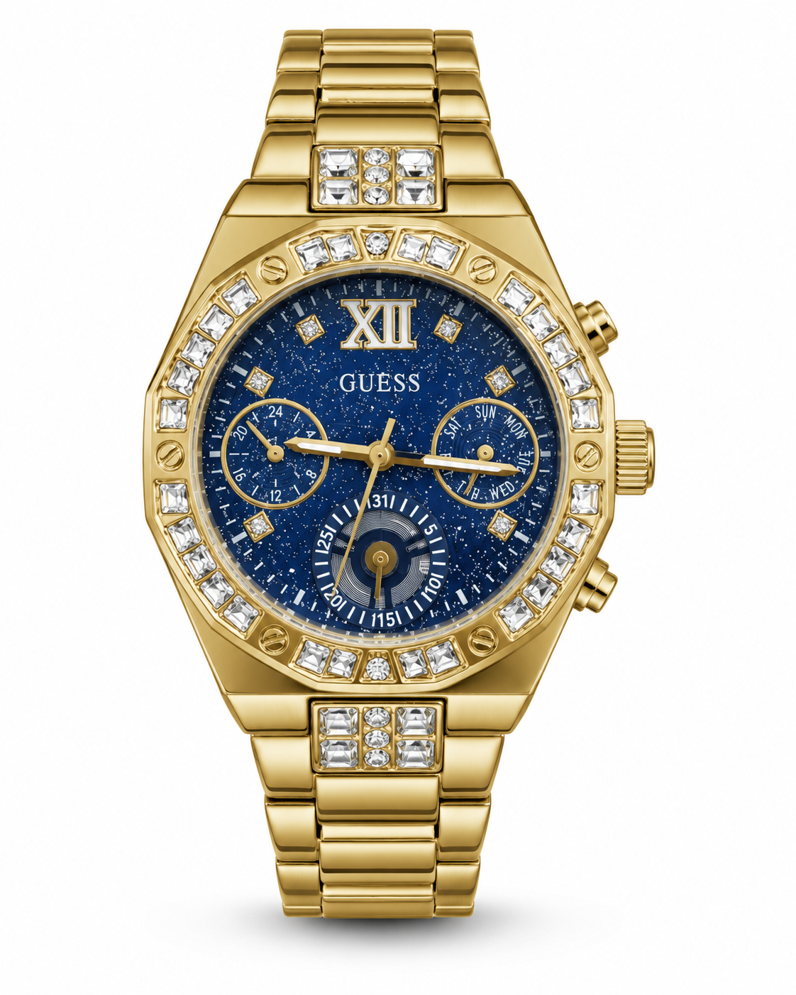 Guess GW1016L2 multifunction quartz watch with blue glitter dial, gold-tone stainless steel case and bracelet with crystal accents