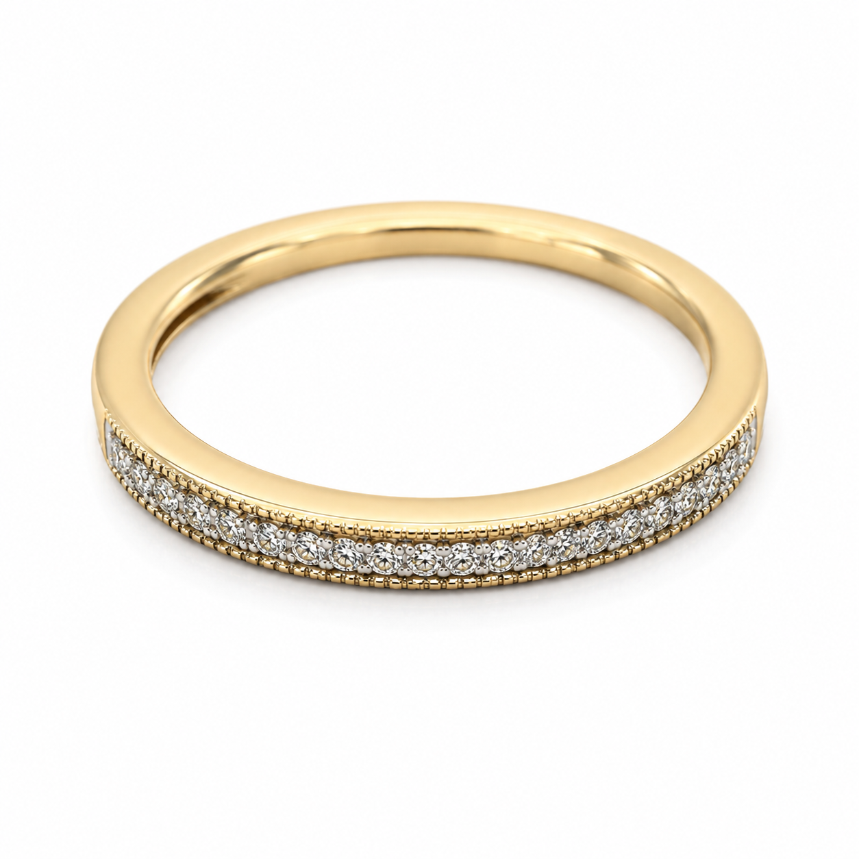 9ct yellow gold diamond pavé band ring with milgrain detail and brilliant-cut diamonds, handcrafted by Cassim & Co. Johannesburg