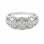 9ct white gold diamond cluster engagement ring with three-stone halo design and pavé split shank band from Cassim & Co Johannesburg